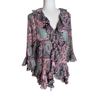 Agora Multicolored Ruffle Long Sleeve Blouse Whimsical Feminine Paisley Print 1X